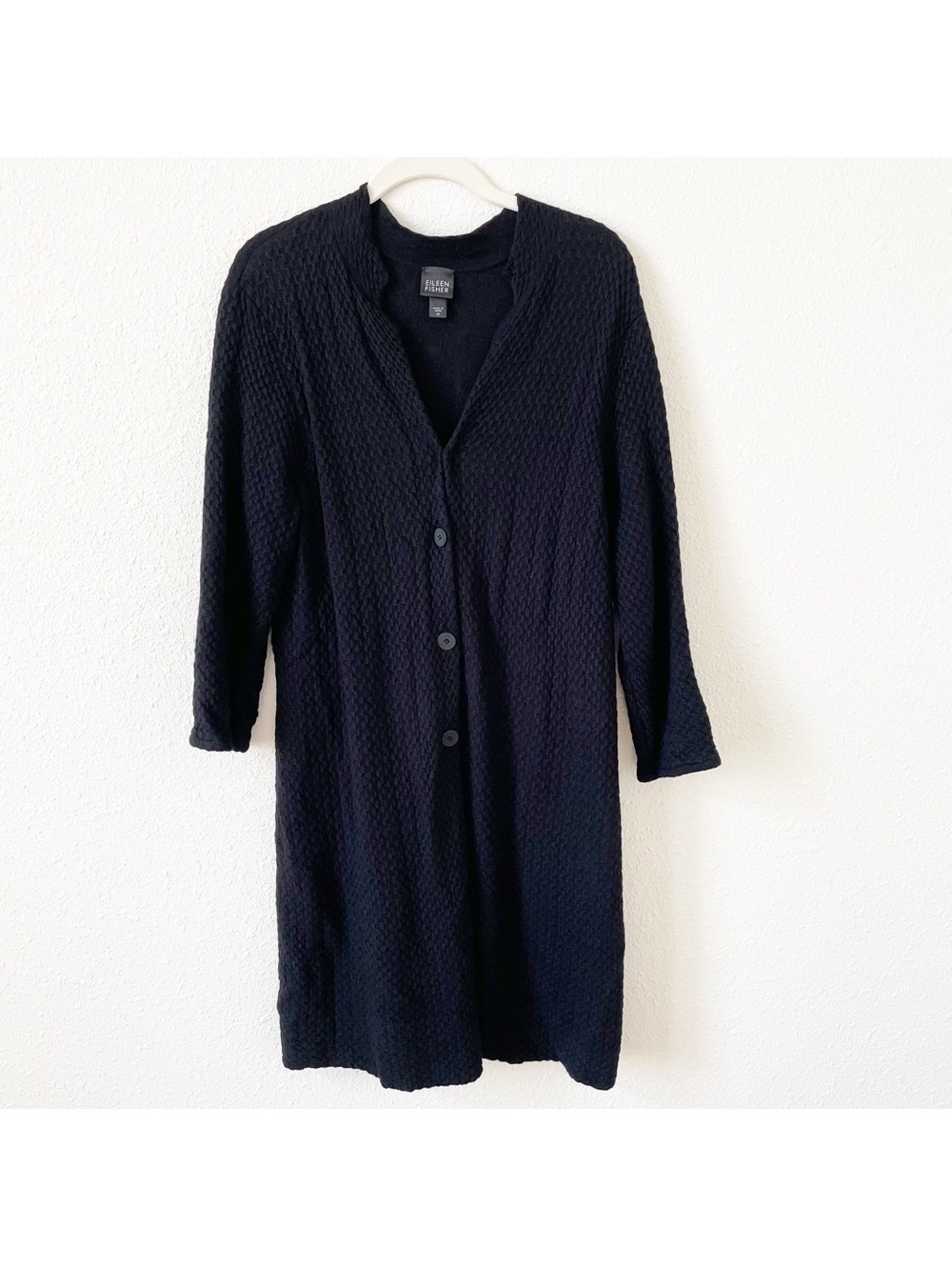 Eileen Fisher Viscose Wool Textured Cardigan Black Sz Medium Mandarin Neck Goth
